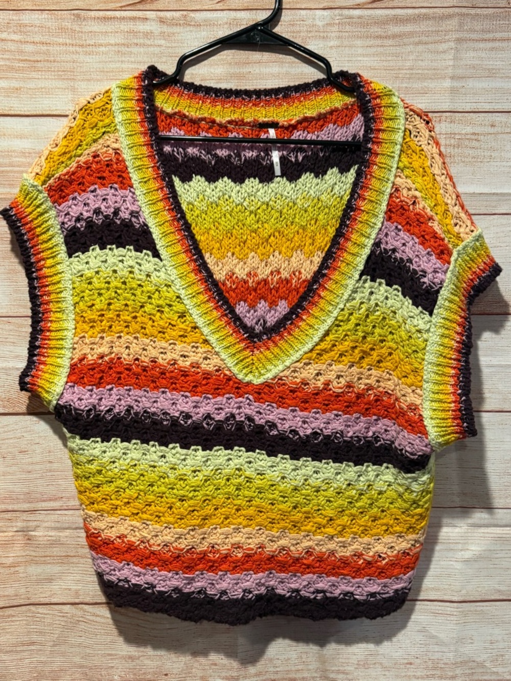 Free People Crochet V-Neck Short Sleeve Sweater Vest in Yellow Multi